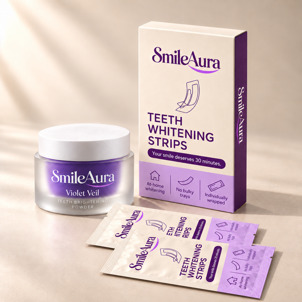 Closed SmileAura Violet Veil jar beside a whitening strips box and two strips sachets on a warm cream surface.