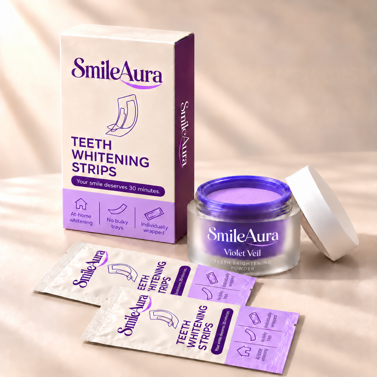 Open SmileAura Violet Veil jar of lavender powder with its lid, beside a whitening strips box and two strips sachets.