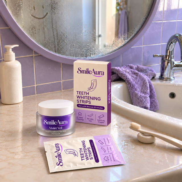 SmileAura Violet Veil powder, whitening strips box and matching sachet beside a sink under a steamed mirror.