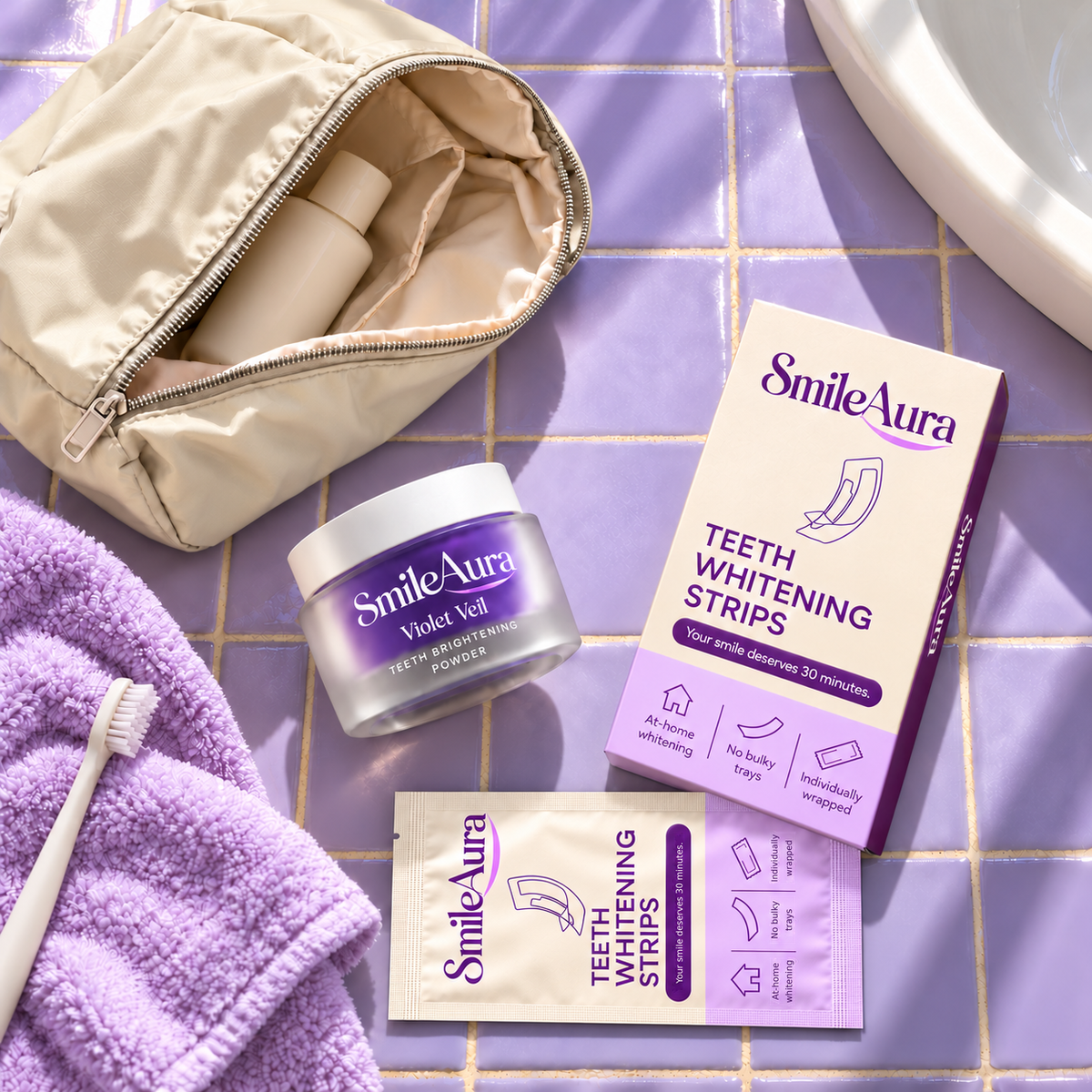 SmileAura Violet Veil powder, whitening strips box and matching sachet on lilac tiles beside a cream washbag and lilac towel.