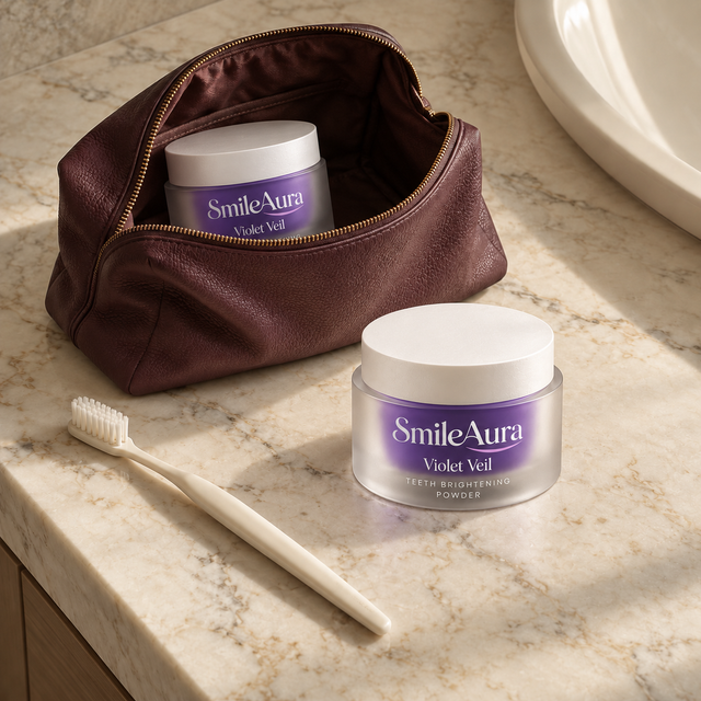 Two SmileAura Violet Veil jars on a marble vanity, one in an open plum washbag, beside an ivory toothbrush.