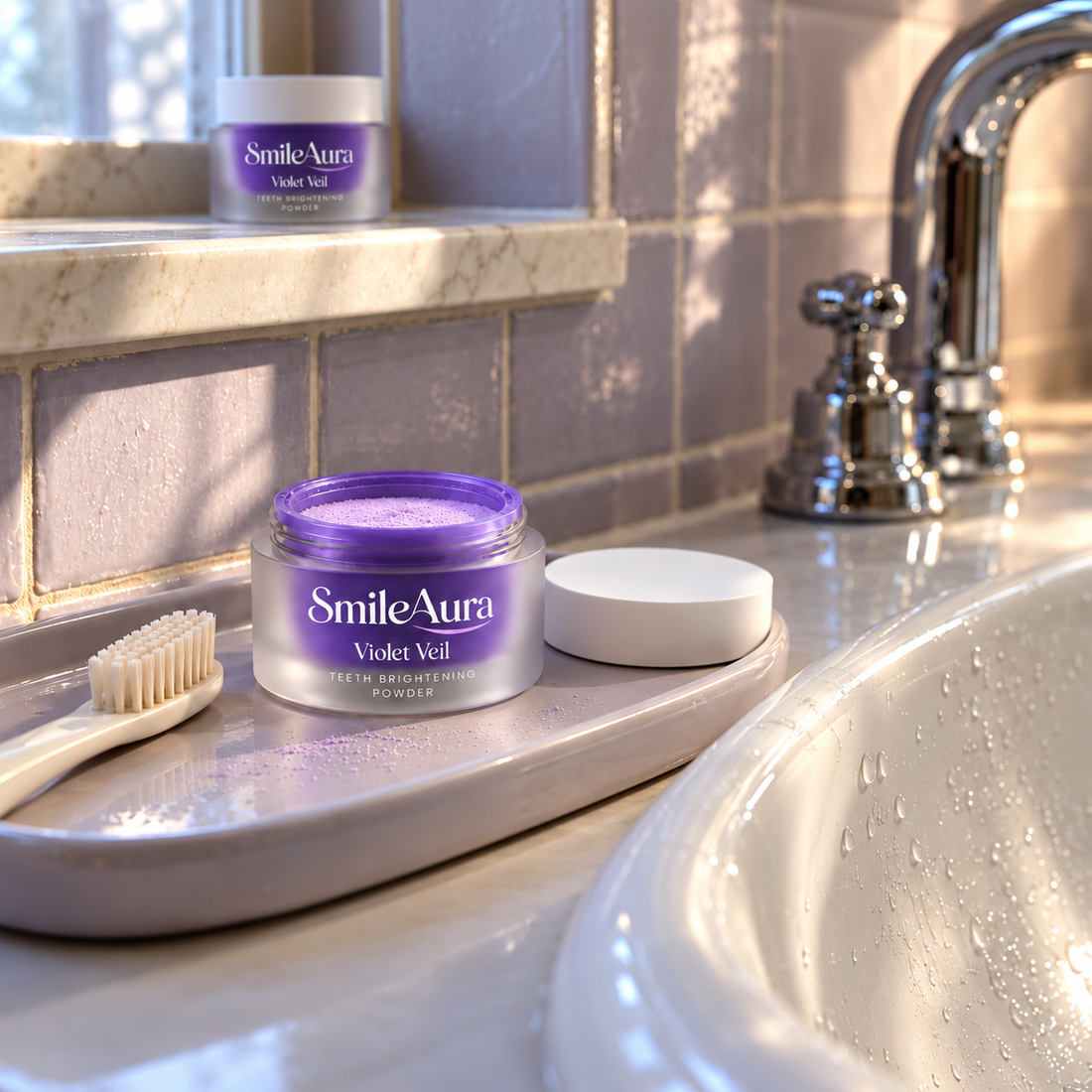 An open SmileAura Violet Veil jar on a tray beside a sink, with its lid, a toothbrush and a second jar on the windowsill.
