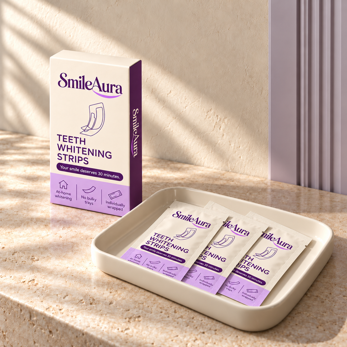 A SmileAura whitening strips box beside three matching sachets arranged in a cream tray on a sunlit vanity.