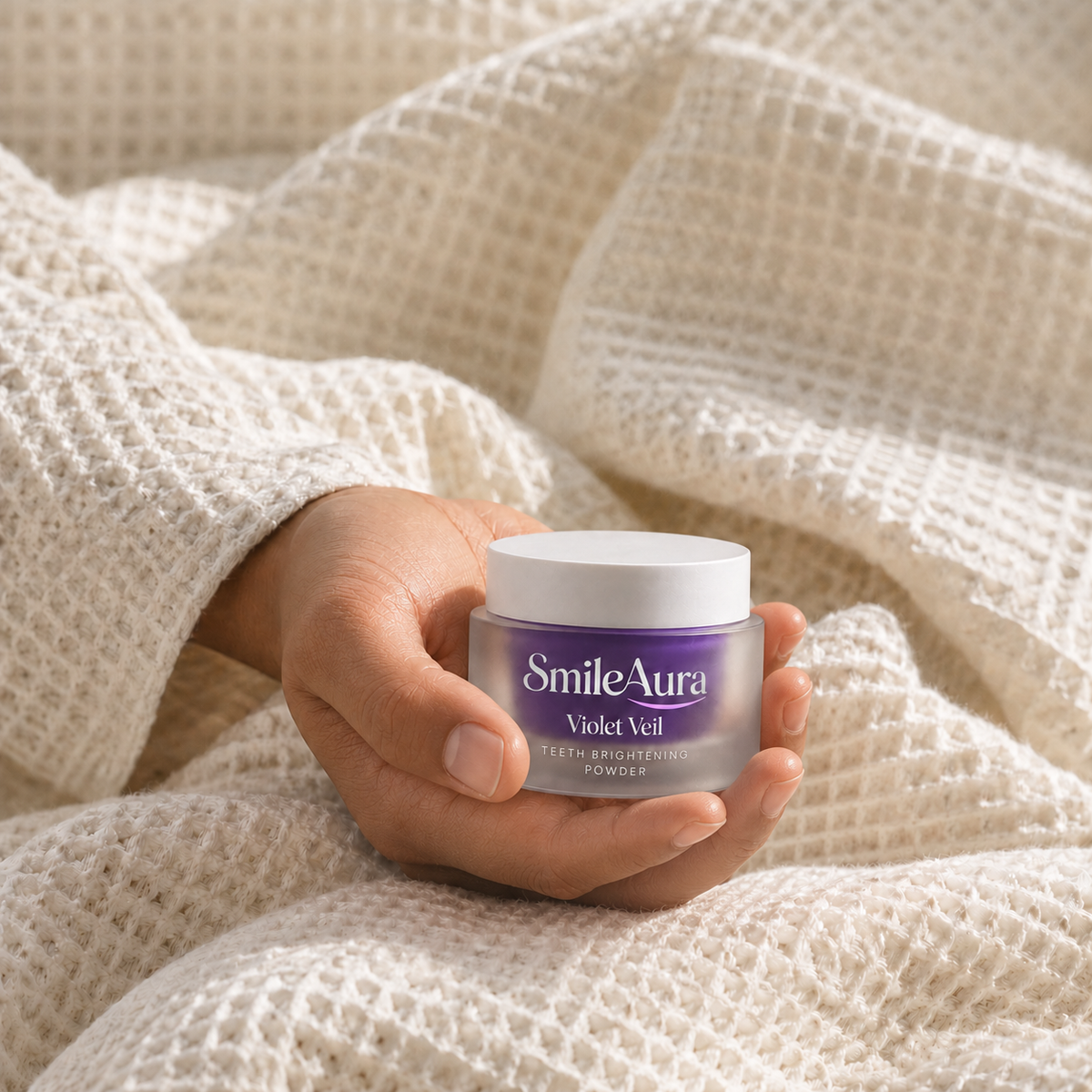 SmileAura Violet Veil product, robe Palm, human touch campaign.