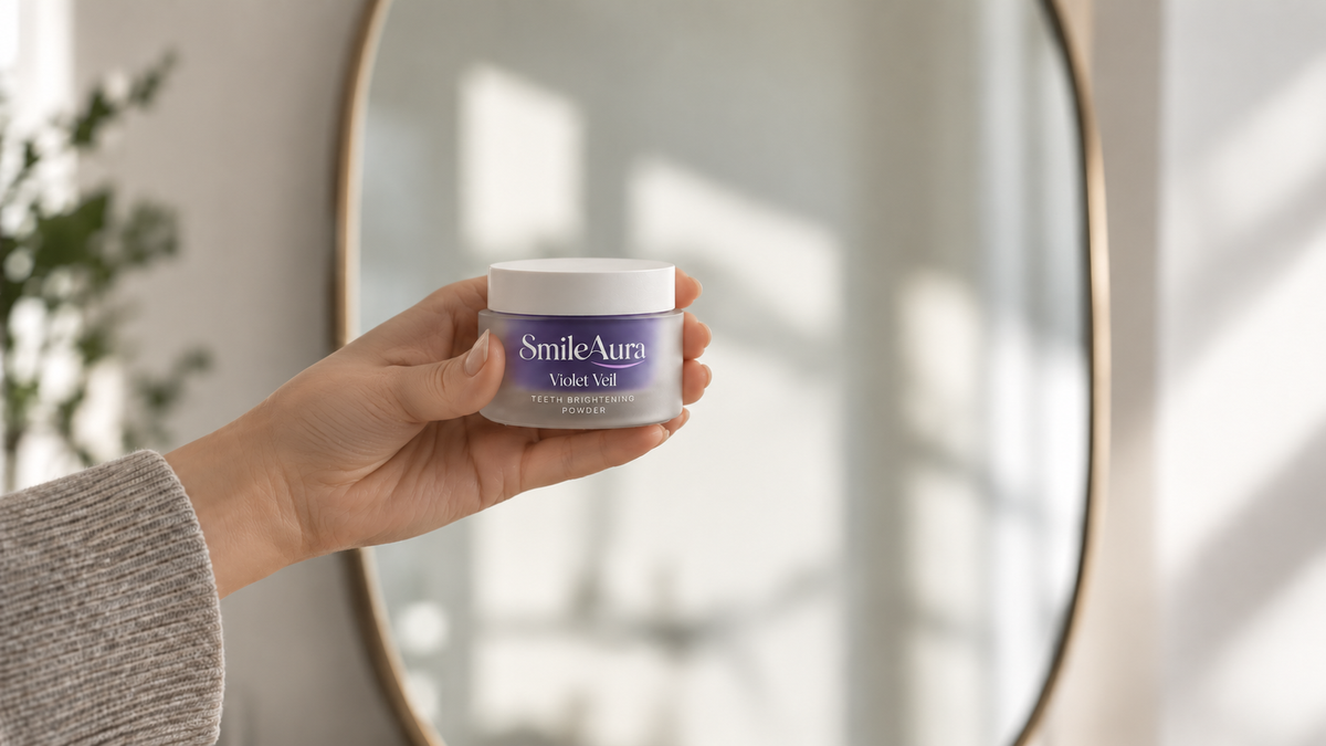 SmileAura Violet Veil product, mirror foreground, human touch campaign.