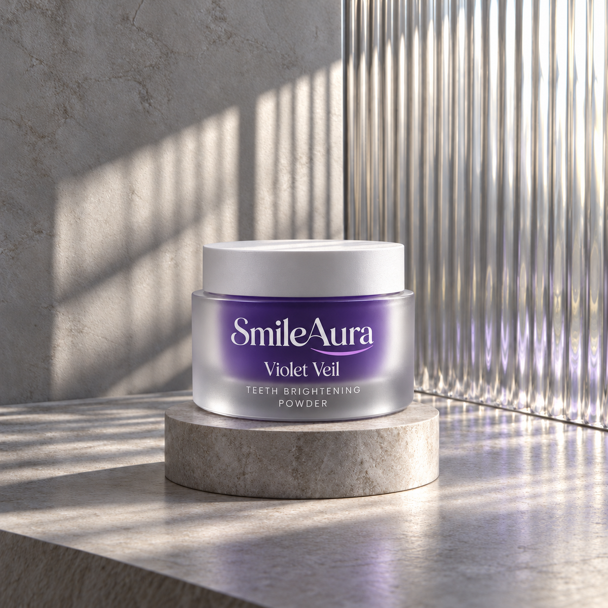 A jar of Violet Veil whitening powder on a stone pedestal