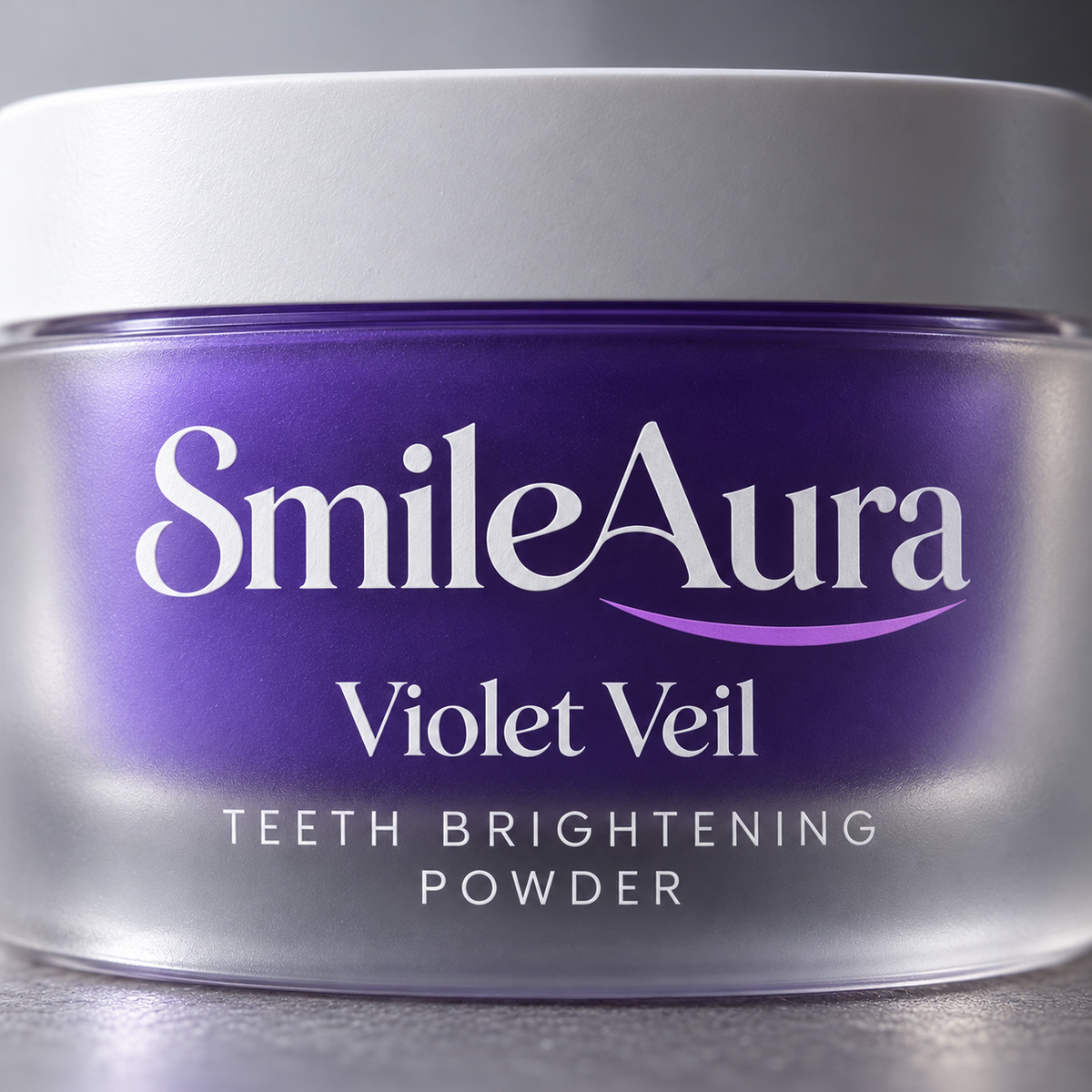 SmileAura Violet Veil product, extreme front label and frosted acrylic macro, pearl editorial campaign.