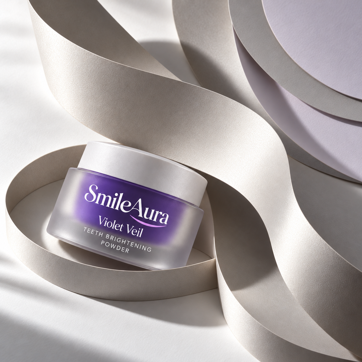 SmileAura Violet Veil product, tilted jar nestled in sculptural paper, pearl editorial campaign.