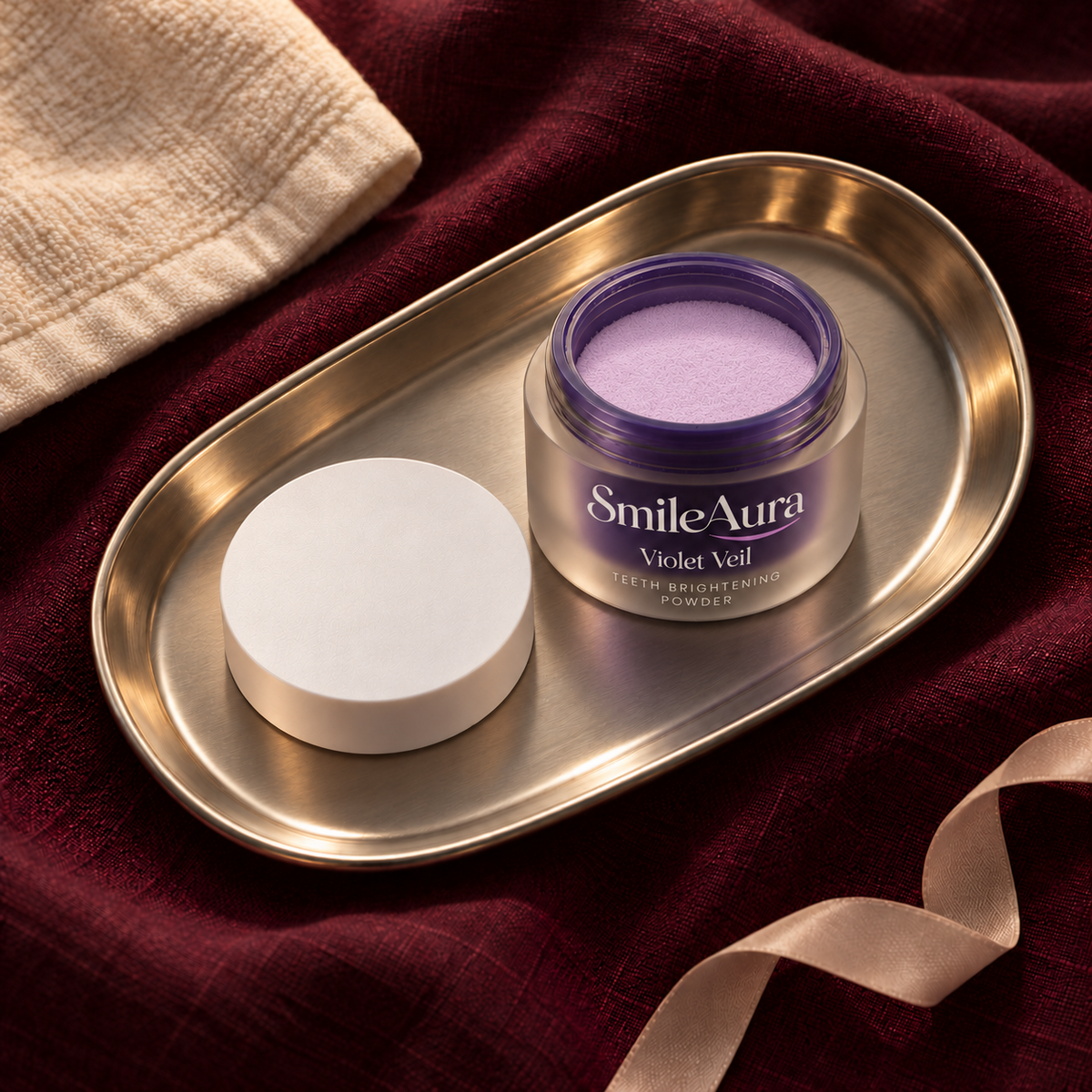 SmileAura Violet Veil product, open jar with fine settled powder on silver tray, plum evening campaign.