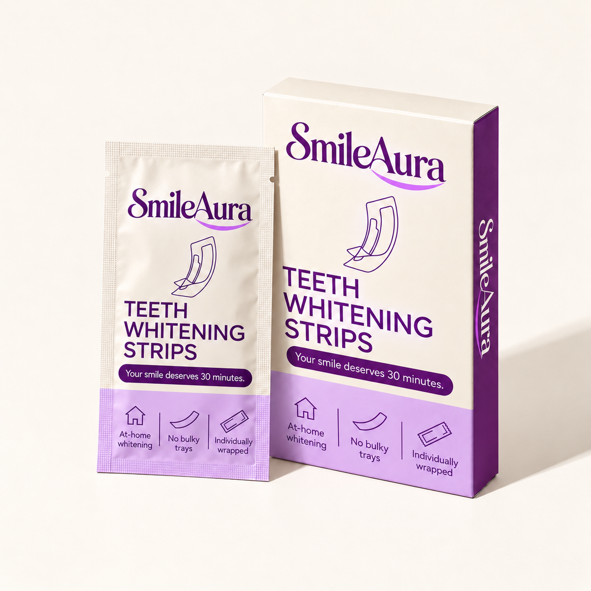 SmileAura PAP strips box and sachet on warm cream background