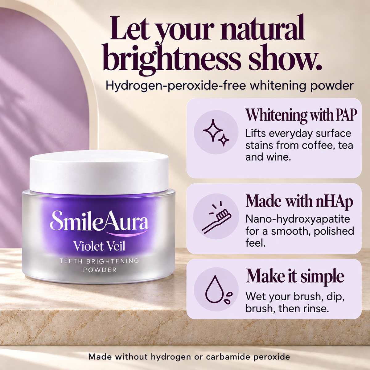 SmileAura Violet Veil powder with PAP and nHAp information cards