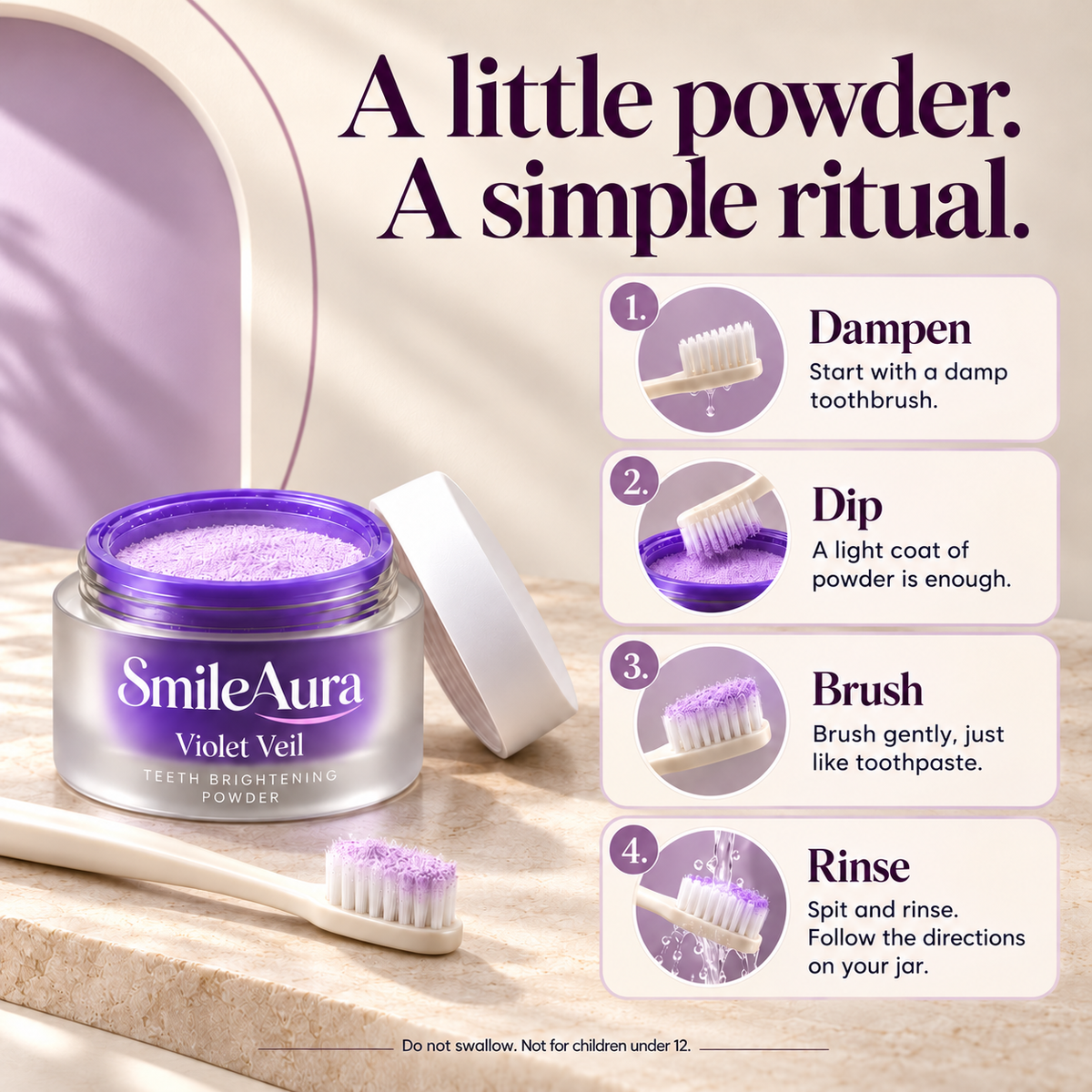 SmileAura Violet Veil powder four-step dampen dip brush rinse guide