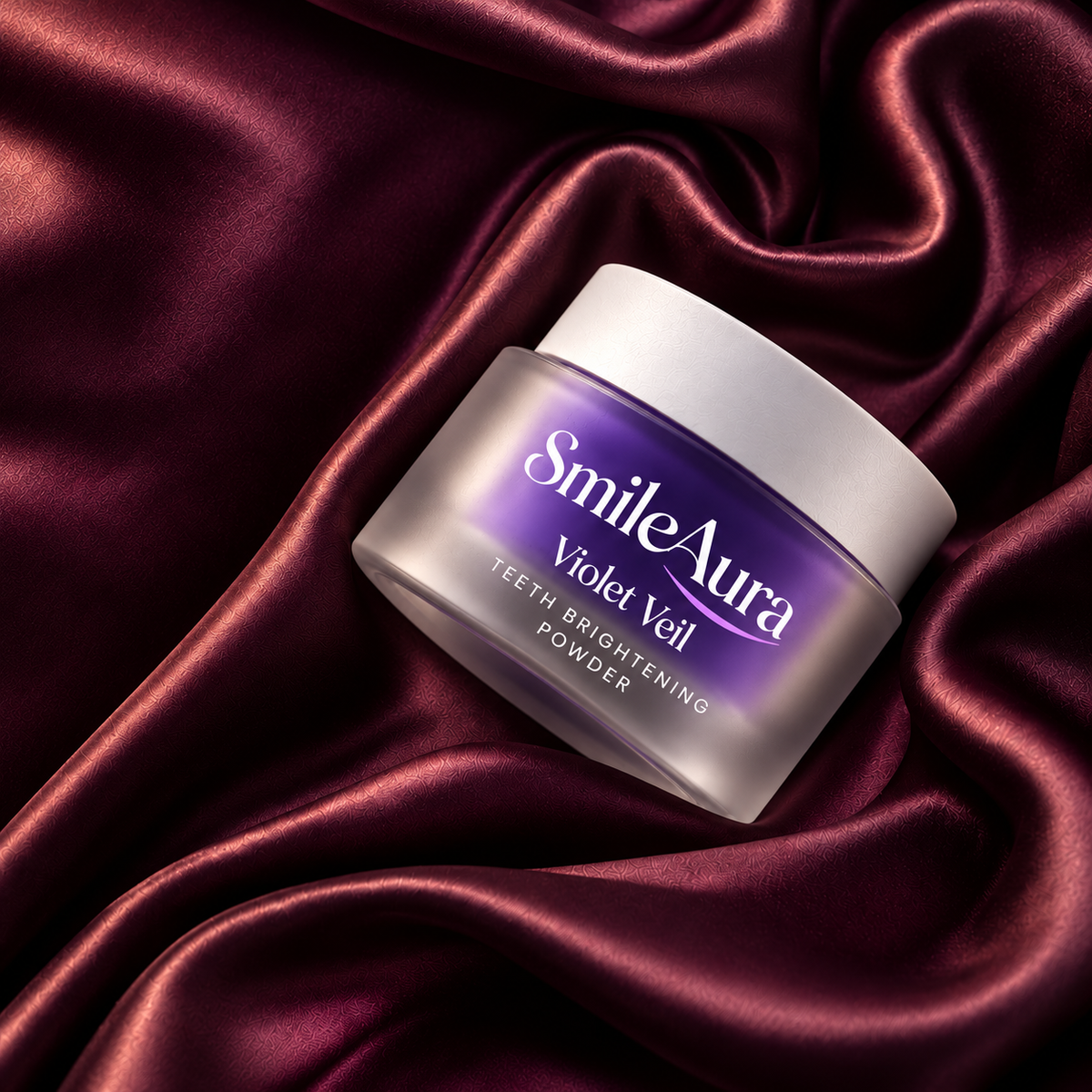 SmileAura Violet Veil frosted jar with white lid on plum silk square composition