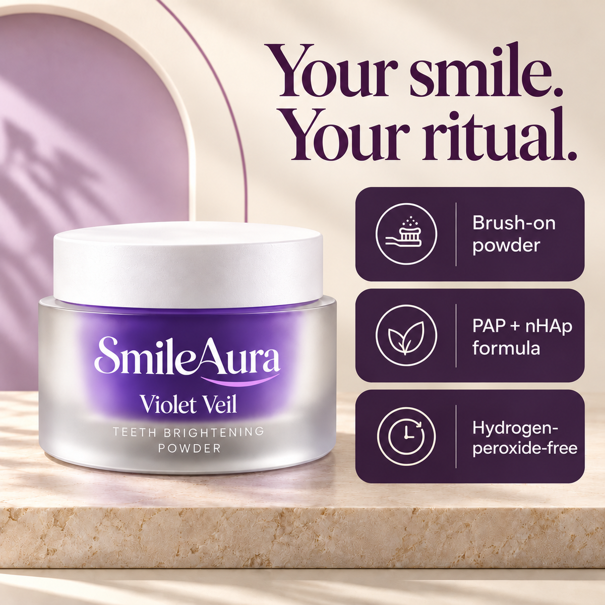 SmileAura Violet Veil jar with three cards: Brush-on powder, PAP + nHAp formula and Hydrogen-peroxide-free.