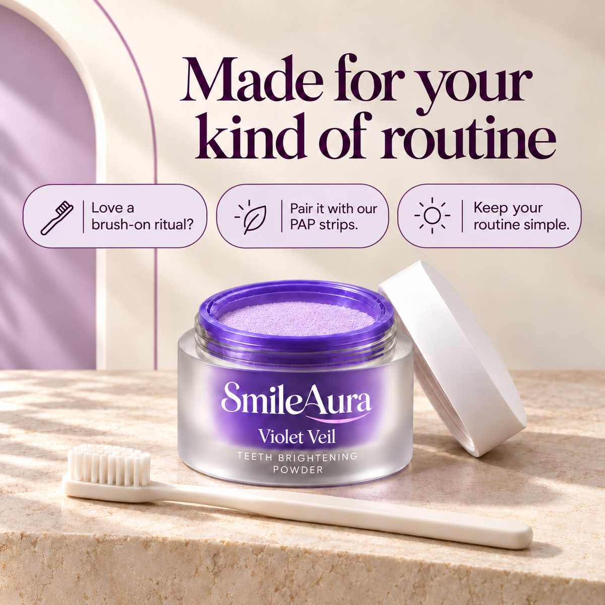 SmileAura Violet Veil open jar with simple routine and PAP strips pairing prompts